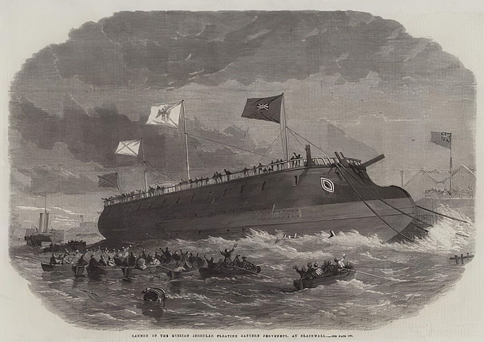 Edwin Weedon - Launch of the Russian Ironclad Floating Battery Pervenetz at Blackwall.jpg